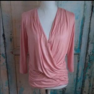 Pink 3/4 sleeve surplice blouse rhinestone button